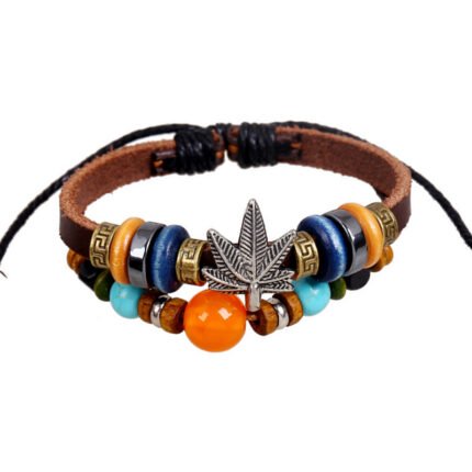 European and American foreign trade fashion jewelry wholesale retro beaded maple leaf cowhide bracelet unisex leather bracelet