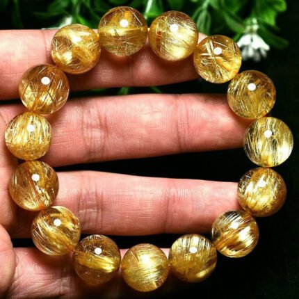 Natural Wealth-Attracting Golden Rutilated Quartz Bracelet with Titanium Inclusions, Brazilian Yellow Rutilated Quartz Crystal Luck Bracelet for Couples (Men & Women)