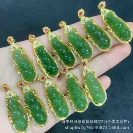 厂家批发 天然和田碧玉福豆吊坠 s925银镶嵌 diy饰品 挂件