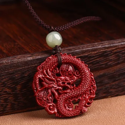 The Dragon Natural Cinnabar Hetian Jade Bead Copper Coin Attract Wealth Strength Necklace Pendant