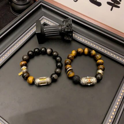 新中式银曜石串珠手串男高级感百搭复古藏式手环男生手链配饰批发